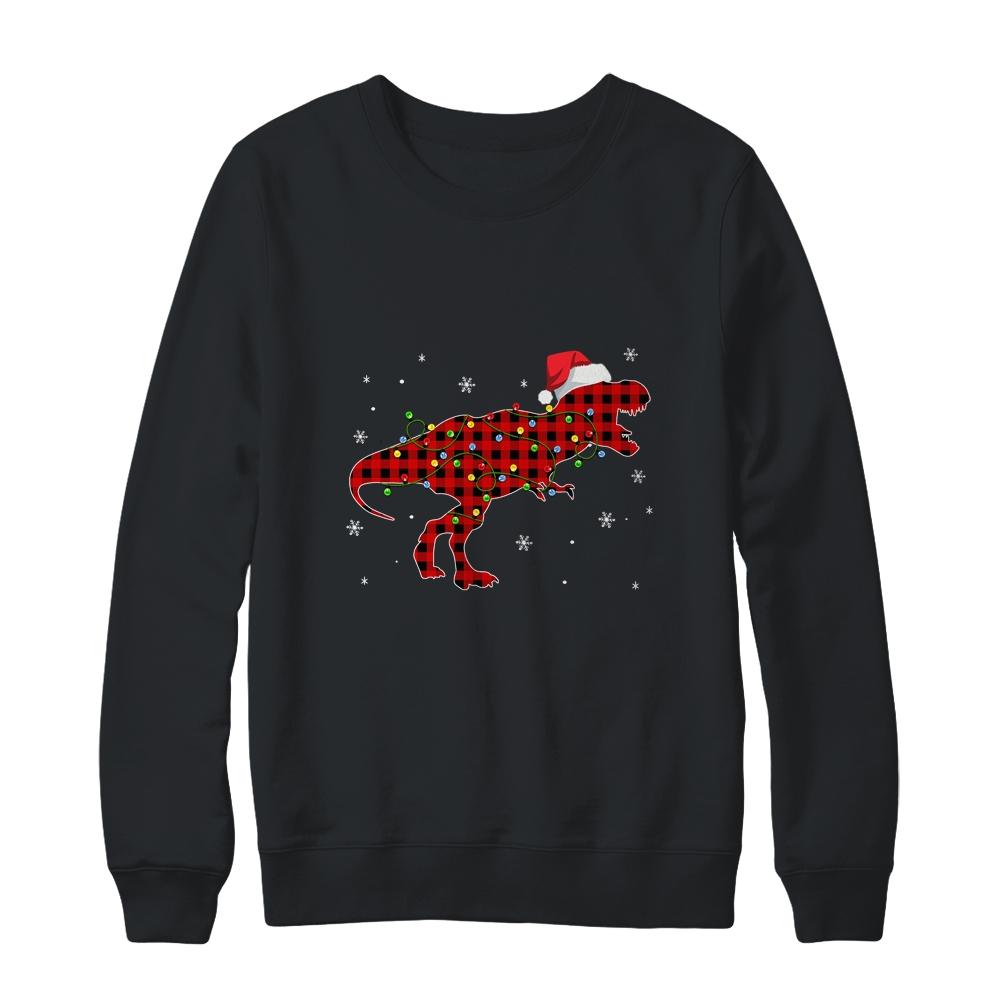 Red Plaid Dinosaur Christmas Lights Santa Hat Pajamas-T-Shirt & Sweatshirt-Crewneck Sweatshirt-Black