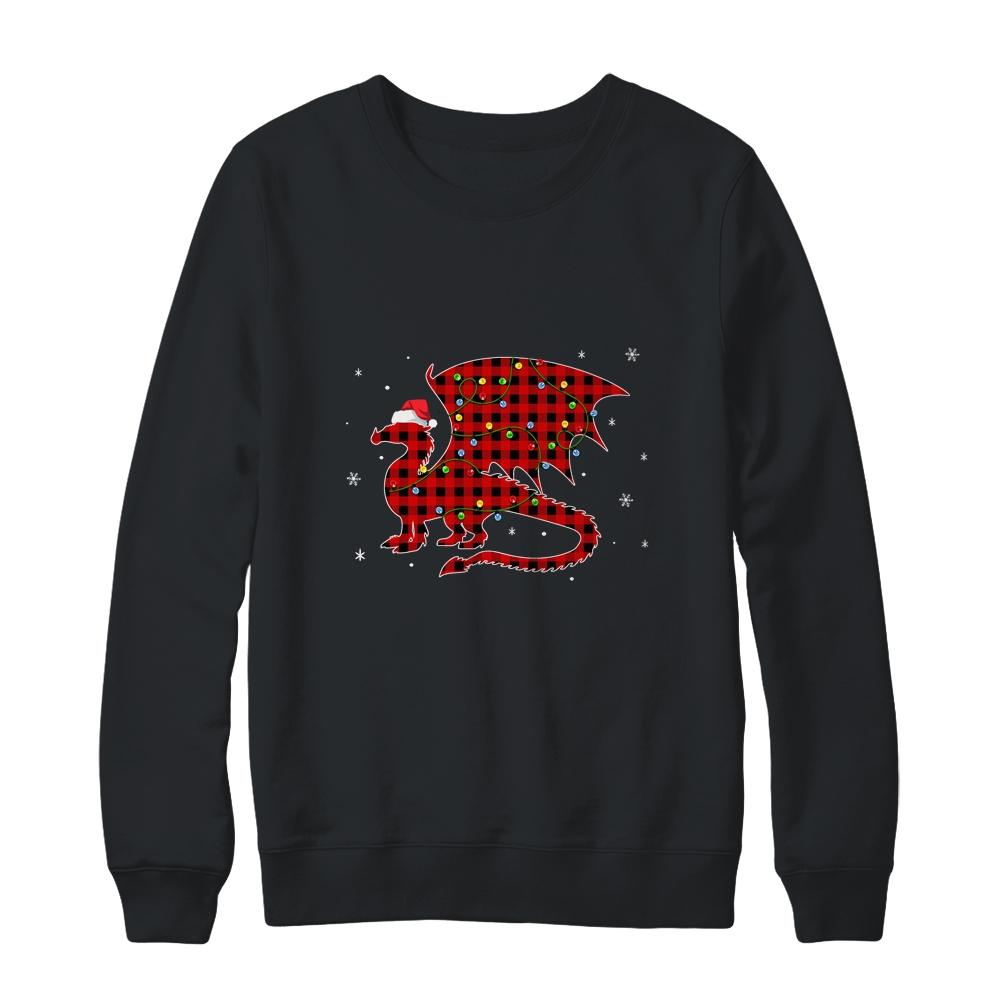 Red Plaid Dragon Christmas Lights Santa Hat Pajamas-T-Shirt & Sweatshirt-Crewneck Sweatshirt-Black