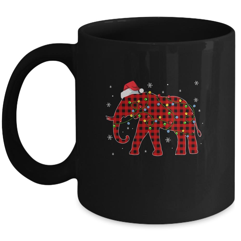 Red Plaid Elephant Christmas Lights Santa Hat Pajamas Mug-Coffee Mug-Mug-Black