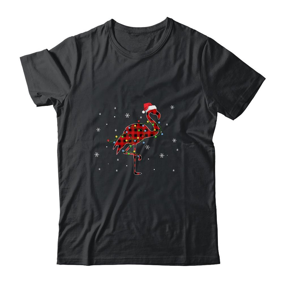 Red Plaid Flamingo Christmas Lights Santa Hat Pajamas-T-Shirt & Sweatshirt-Classic T-Shirt-Black
