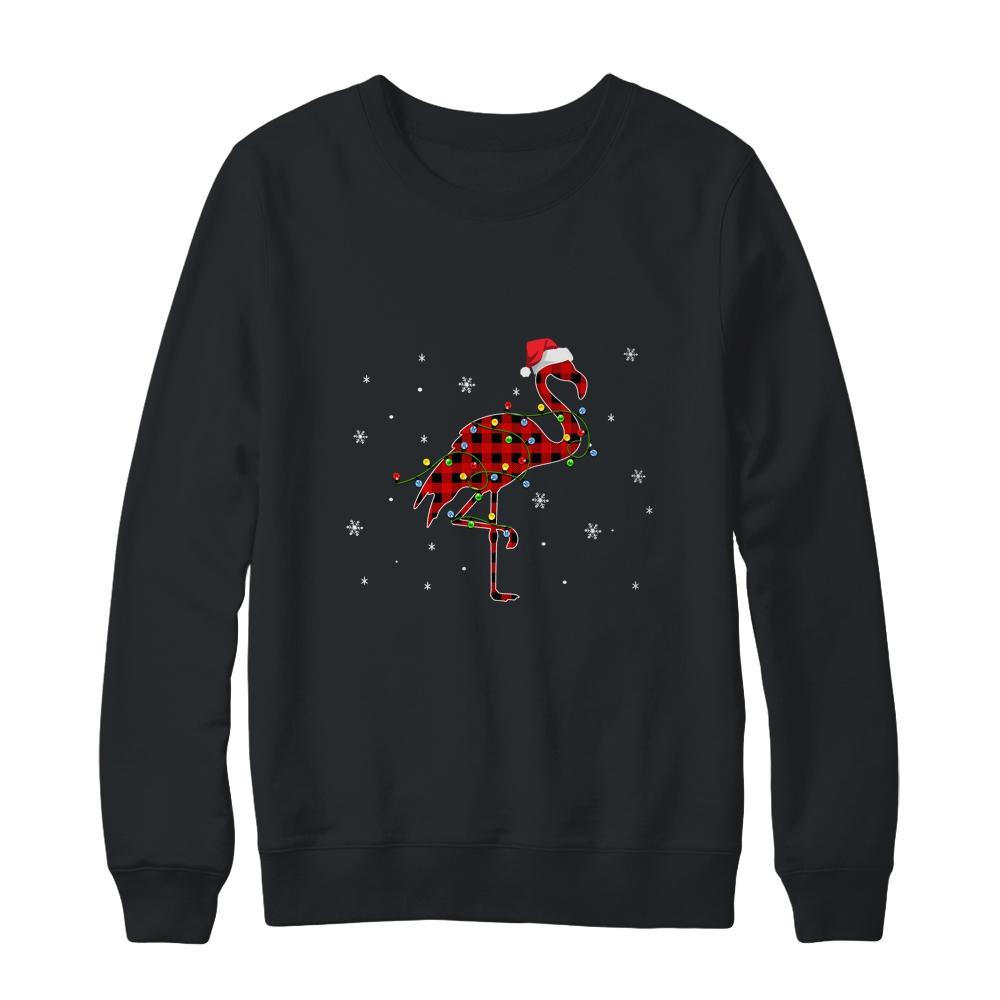 Red Plaid Flamingo Christmas Lights Santa Hat Pajamas-T-Shirt & Sweatshirt-Crewneck Sweatshirt-Black
