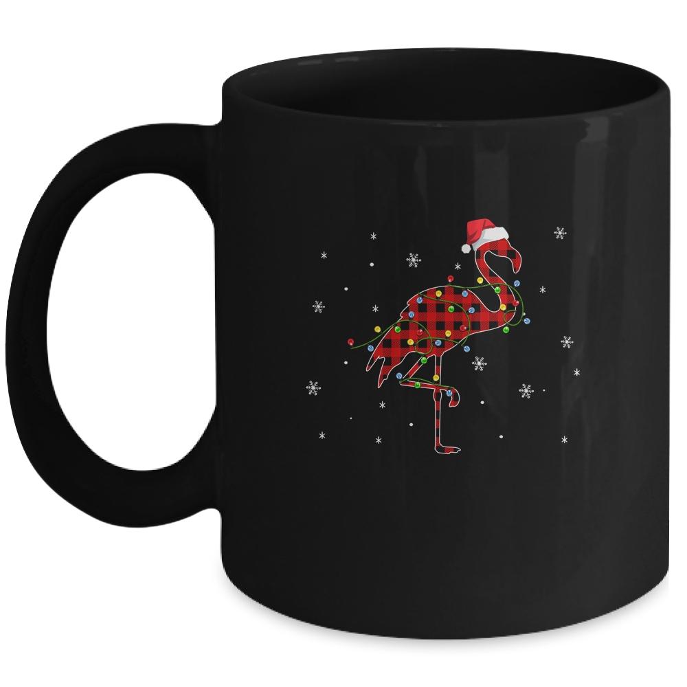 Red Plaid Flamingo Christmas Lights Santa Hat Pajamas Mug-Coffee Mug-Mug-Black