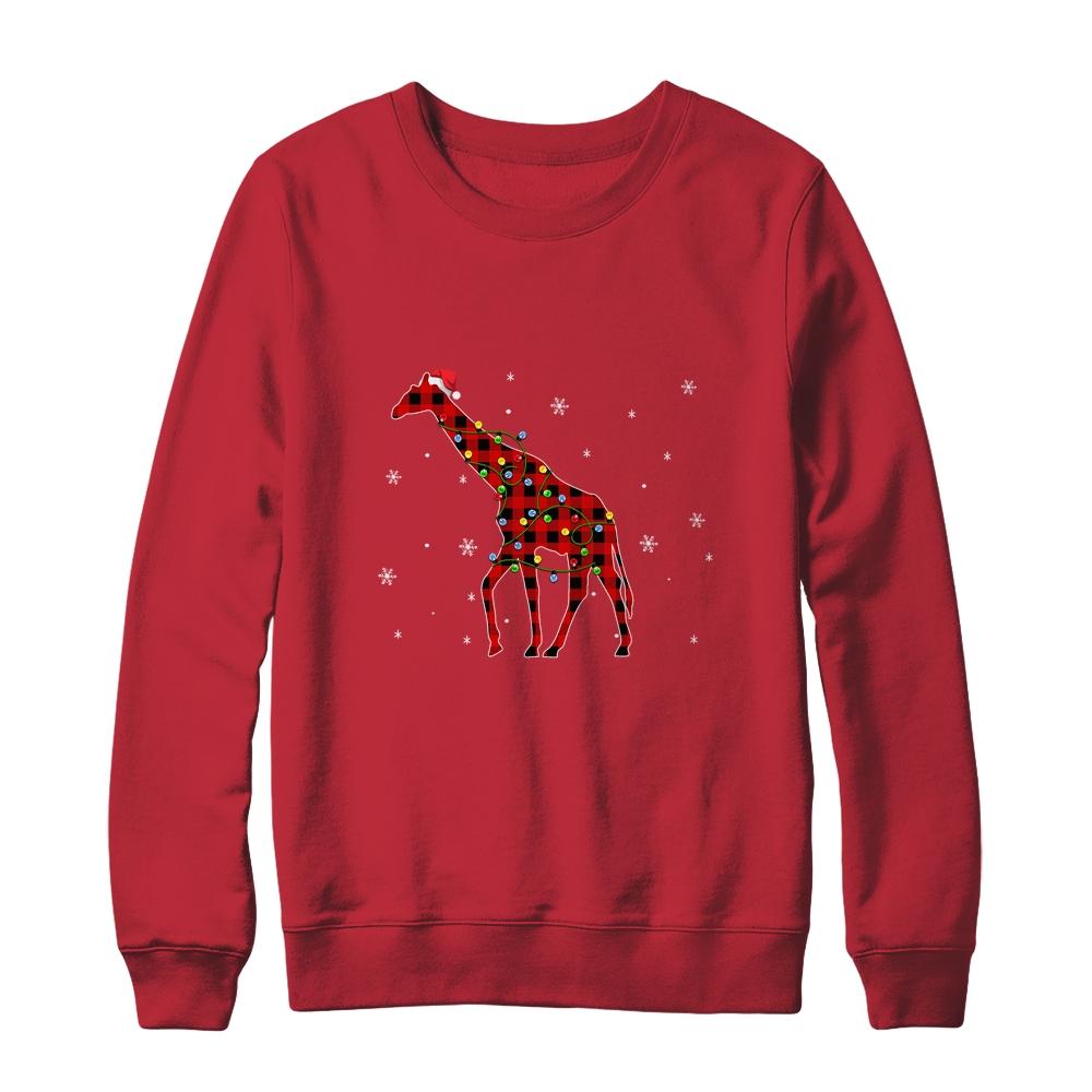 Red Plaid Giraffe Christmas Lights Santa Hat Pajamas-T-Shirt & Sweatshirt-Crewneck Sweatshirt-Red