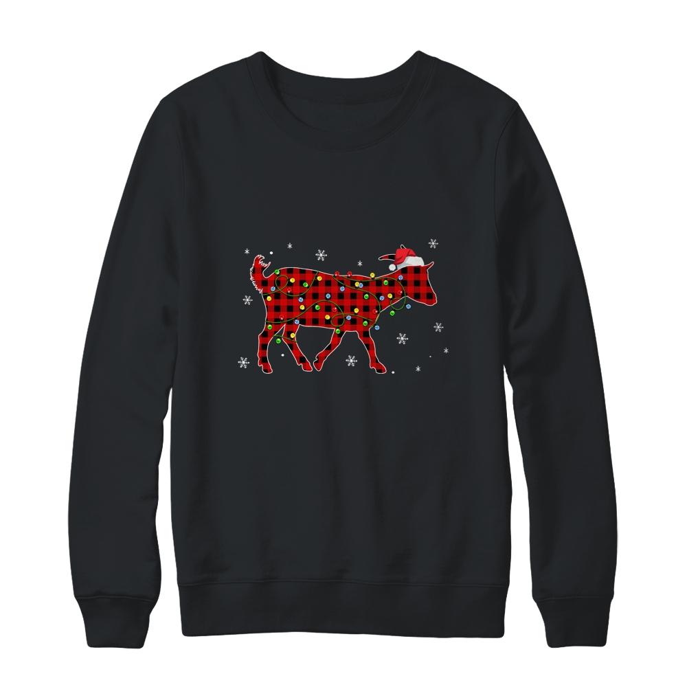 Red Plaid Goat Christmas Lights Santa Hat Pajamas-T-Shirt & Sweatshirt-Crewneck Sweatshirt-Black