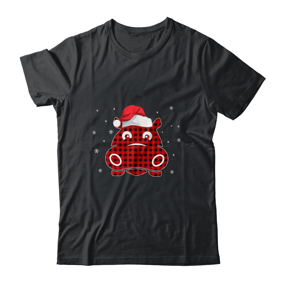 Red Plaid Hippopotamus Christmas Lights Santa Hat Pajamas-T-Shirt & Sweatshirt-Classic T-Shirt-Black