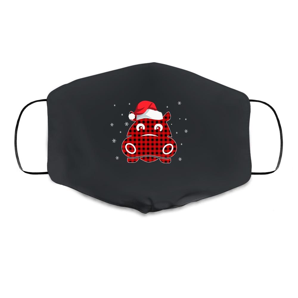 Red Plaid Hippopotamus Christmas Lights Santa Hat Pajamas Cloth Face Mask-Cloth Face Mask-Cloth Face Mask-Black