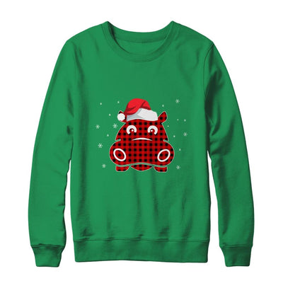 Red Plaid Hippopotamus Christmas Lights Santa Hat Pajamas-T-Shirt & Sweatshirt-Crewneck Sweatshirt-Irish Green