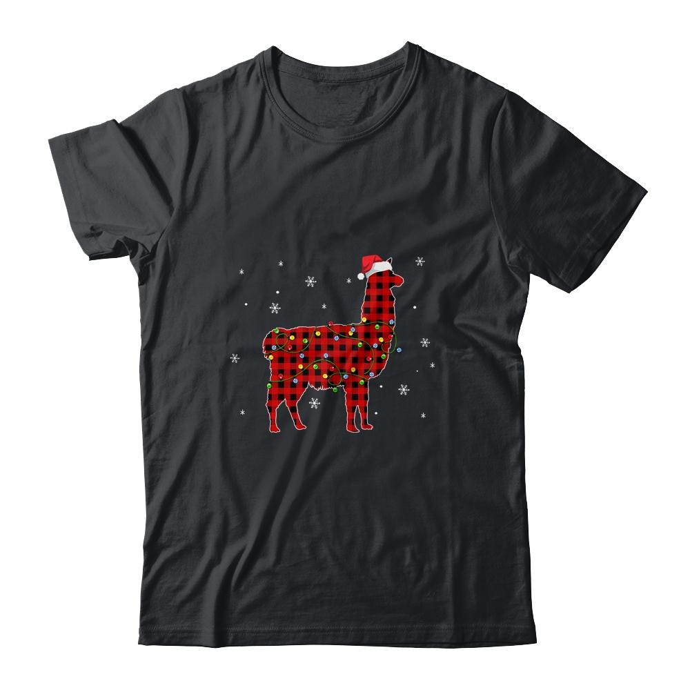 Red Plaid Llama Christmas Lights Santa Hat Pajamas-T-Shirt & Sweatshirt-Classic T-Shirt-Black