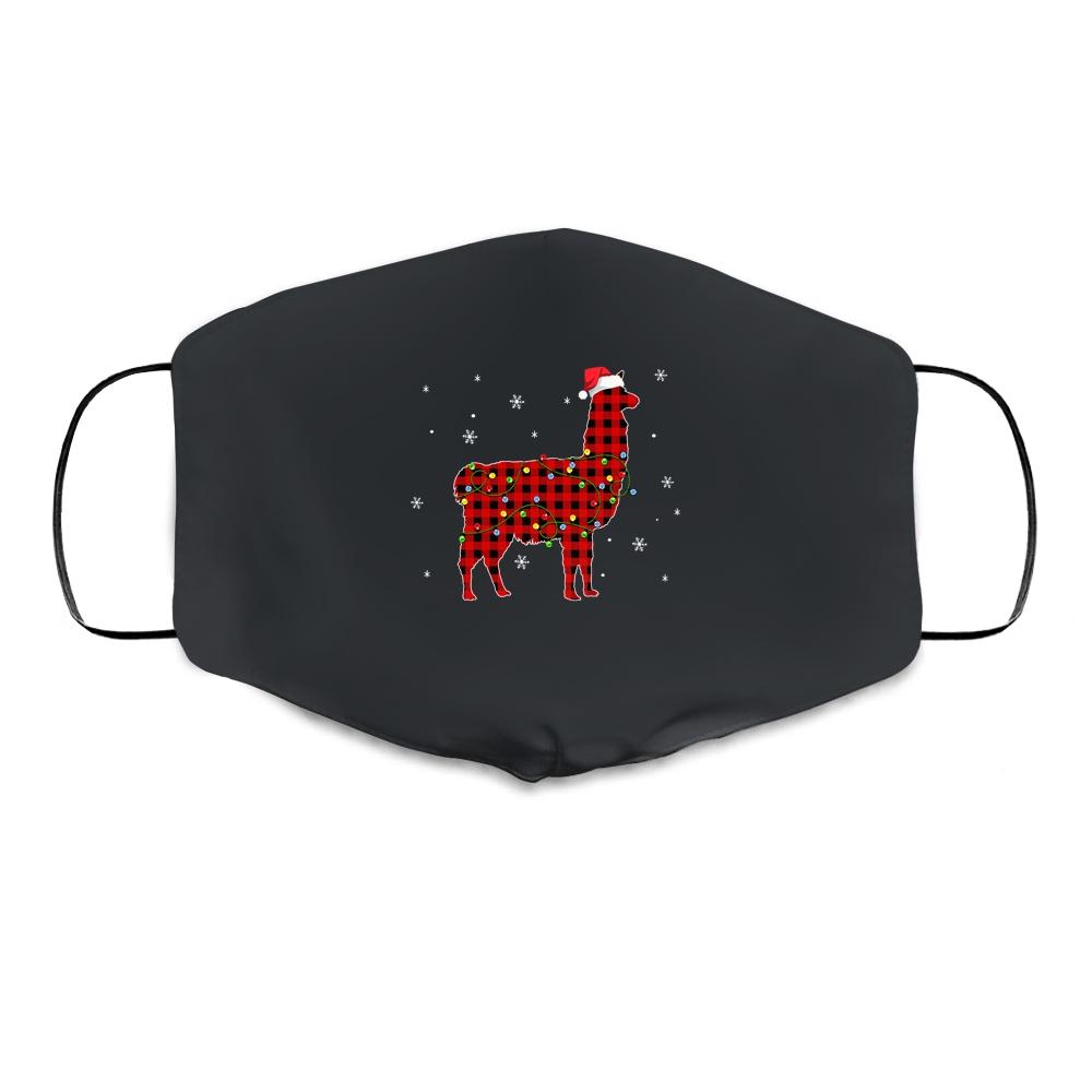 Red Plaid Llama Christmas Lights Santa Hat Pajamas Cloth Face Mask-Cloth Face Mask-Cloth Face Mask-Black