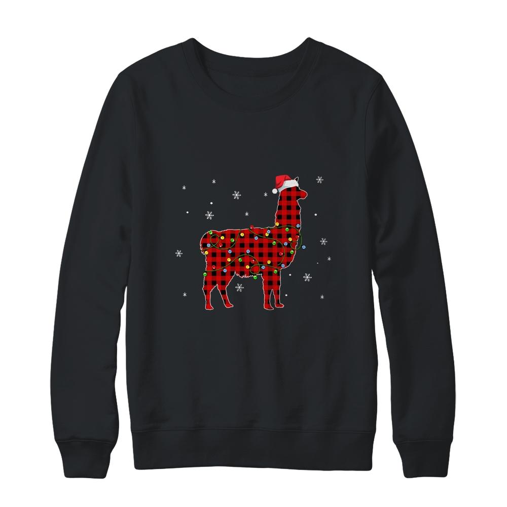 Red Plaid Llama Christmas Lights Santa Hat Pajamas-T-Shirt & Sweatshirt-Crewneck Sweatshirt-Black