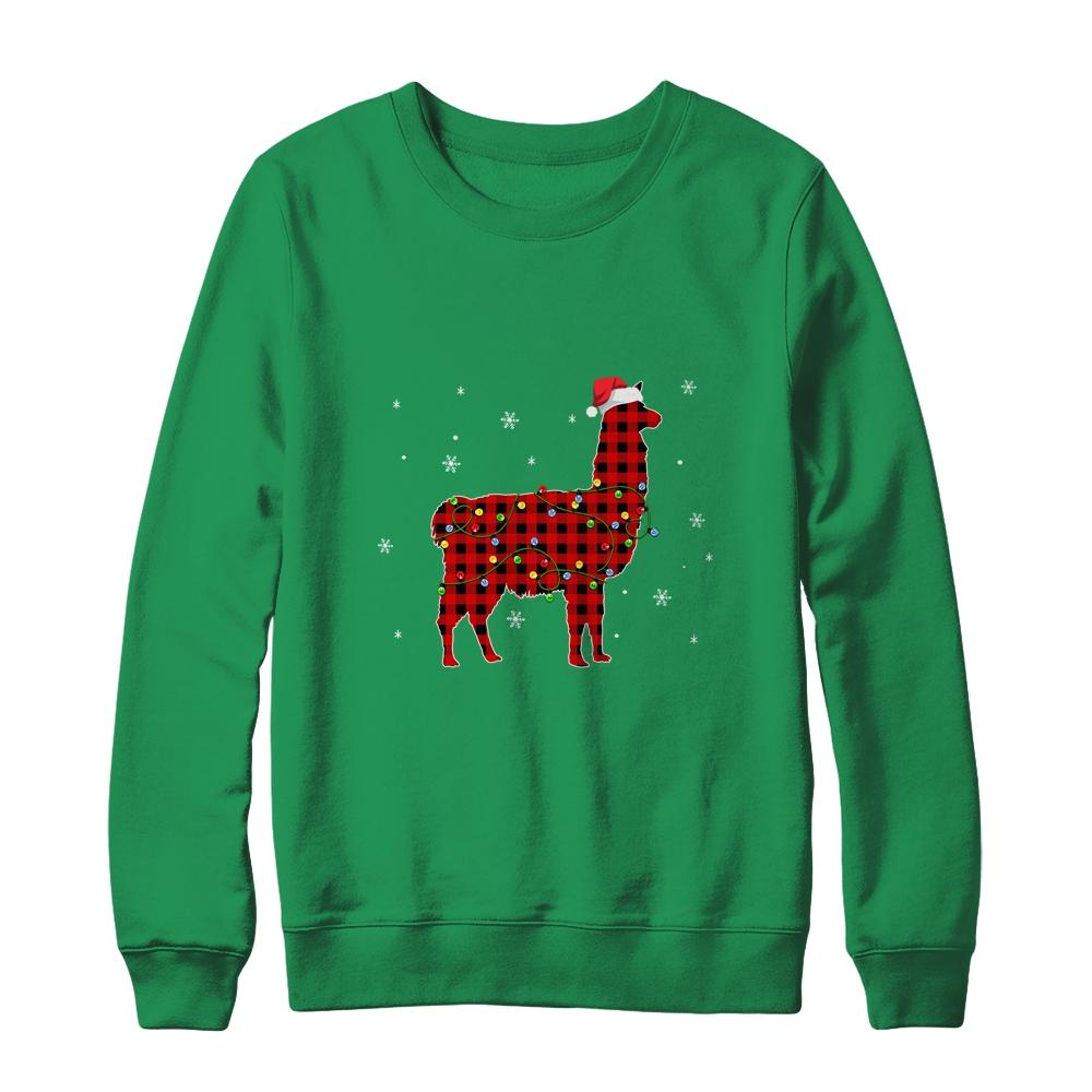 Red Plaid Llama Christmas Lights Santa Hat Pajamas-T-Shirt & Sweatshirt-Crewneck Sweatshirt-Irish Green