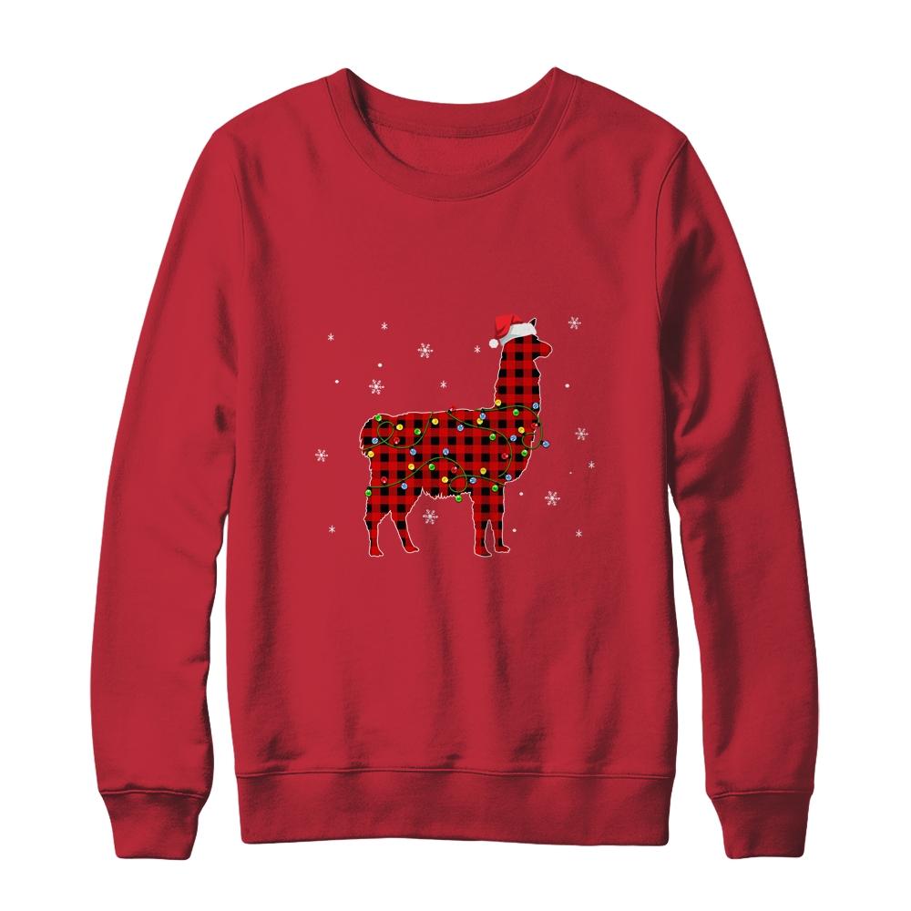 Red Plaid Llama Christmas Lights Santa Hat Pajamas-T-Shirt & Sweatshirt-Crewneck Sweatshirt-Red