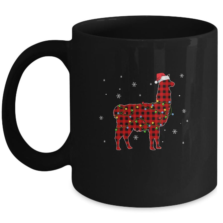 Red Plaid Llama Christmas Lights Santa Hat Pajamas Mug-Coffee Mug-Mug-Black