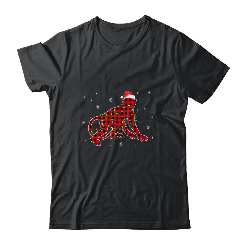 Red Plaid Monkey Christmas Lights Santa Hat Pajamas-T-Shirt & Sweatshirt-Classic T-Shirt-Black