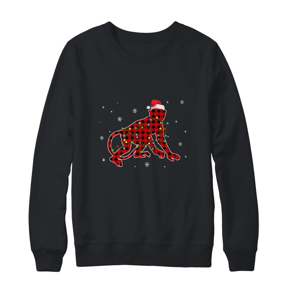 Red Plaid Monkey Christmas Lights Santa Hat Pajamas-T-Shirt & Sweatshirt-Crewneck Sweatshirt-Black