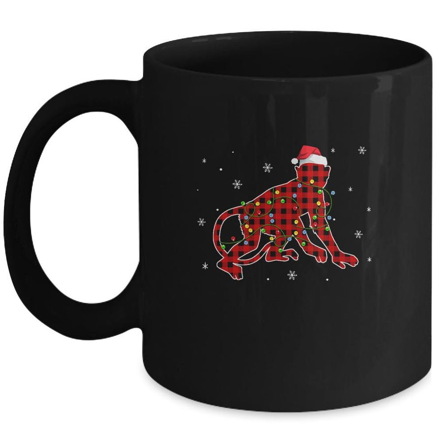 Red Plaid Monkey Christmas Lights Santa Hat Pajamas Mug-Coffee Mug-Mug-Black