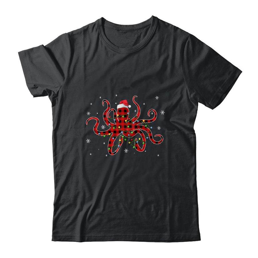 Red Plaid Octopus Christmas Lights Santa Hat Pajamas-T-Shirt & Sweatshirt-Classic T-Shirt-Black