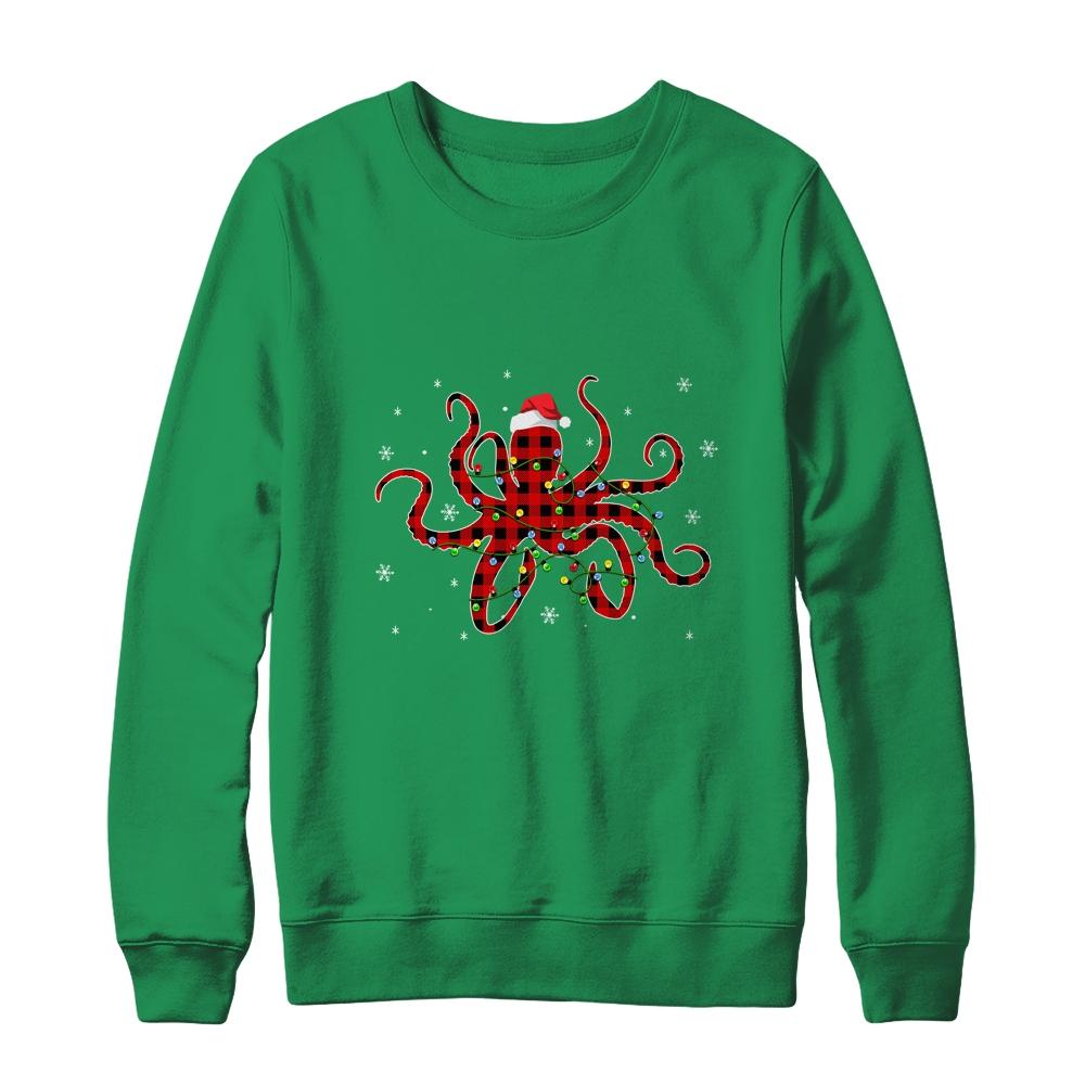 Red Plaid Octopus Christmas Lights Santa Hat Pajamas-T-Shirt & Sweatshirt-Crewneck Sweatshirt-Irish Green