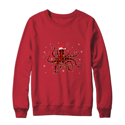 Red Plaid Octopus Christmas Lights Santa Hat Pajamas-T-Shirt & Sweatshirt-Crewneck Sweatshirt-Red