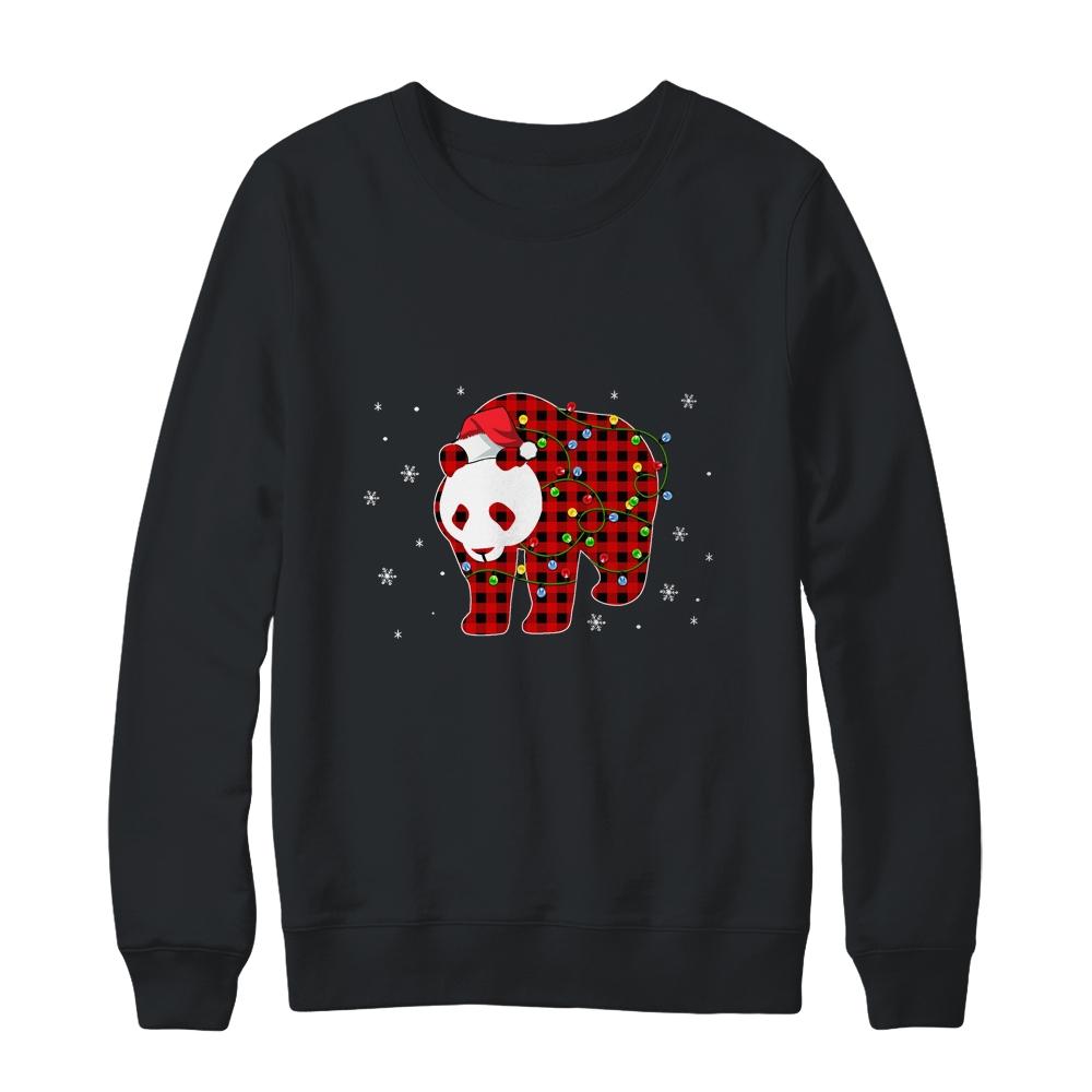 Red Plaid Panda Bear Christmas Lights Santa Hat Pajamas-T-Shirt & Sweatshirt-Crewneck Sweatshirt-Black