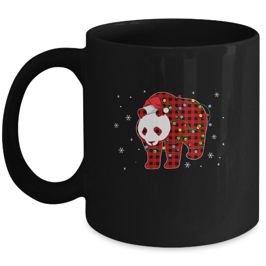 Red Plaid Panda Bear Christmas Lights Santa Hat Pajamas Mug-Coffee Mug-Mug-Black