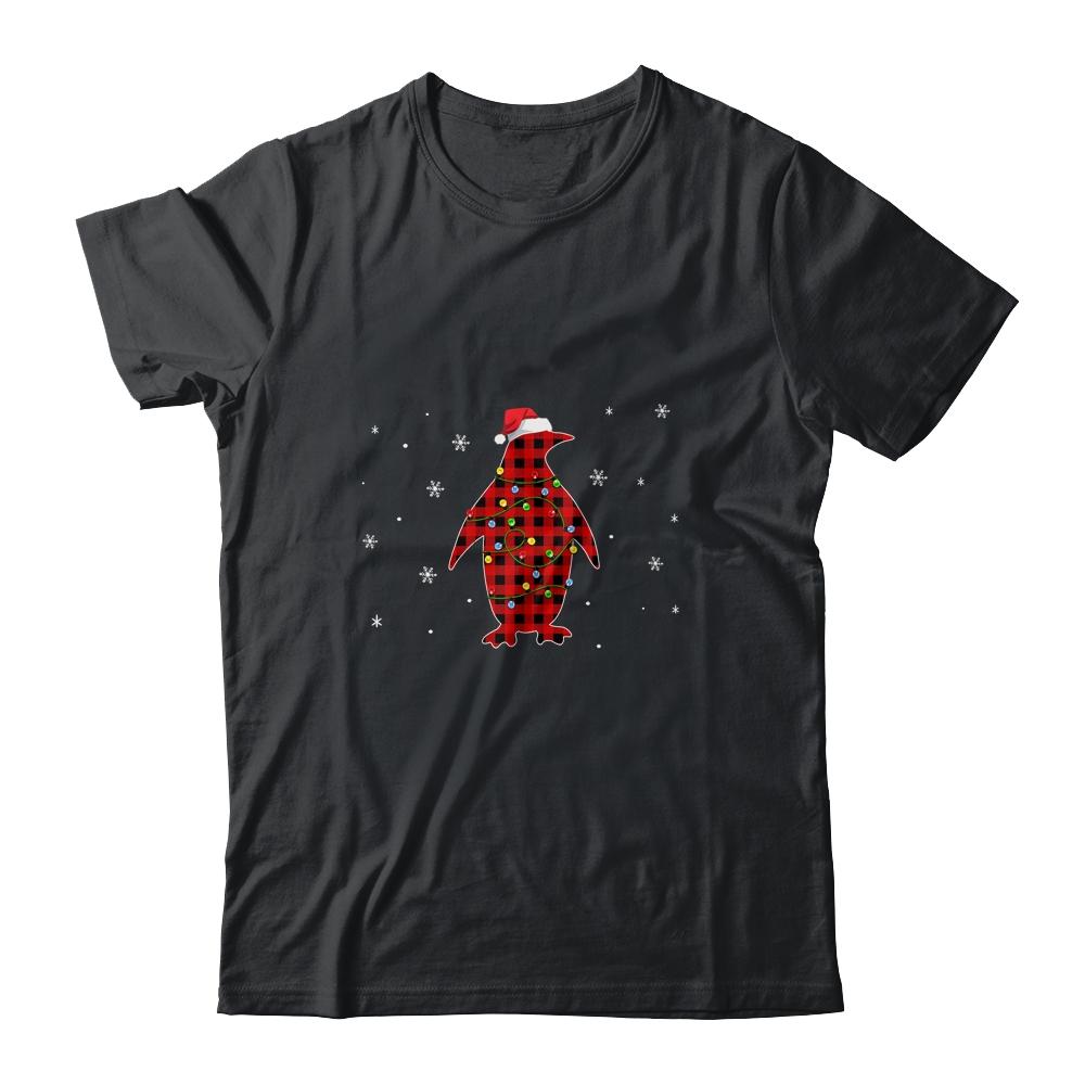 Red Plaid Penguin Christmas Lights Santa Hat Pajamas