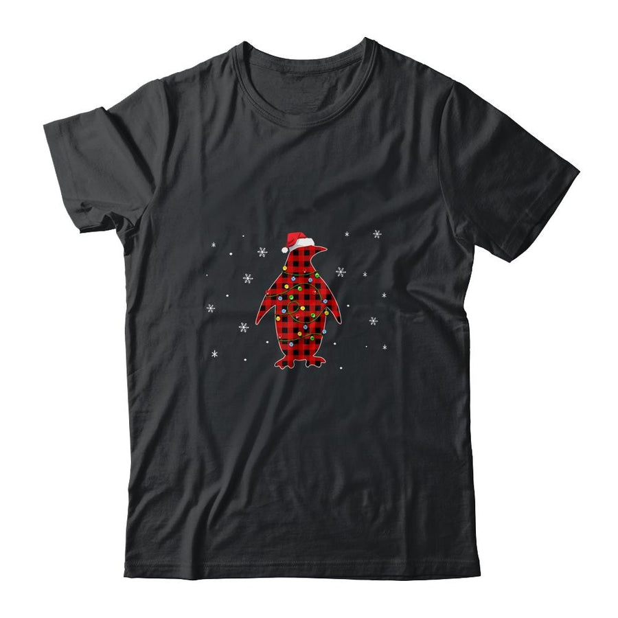 Red Plaid Penguin Christmas Lights Santa Hat Pajamas-T-Shirt & Sweatshirt-Classic T-Shirt-Black