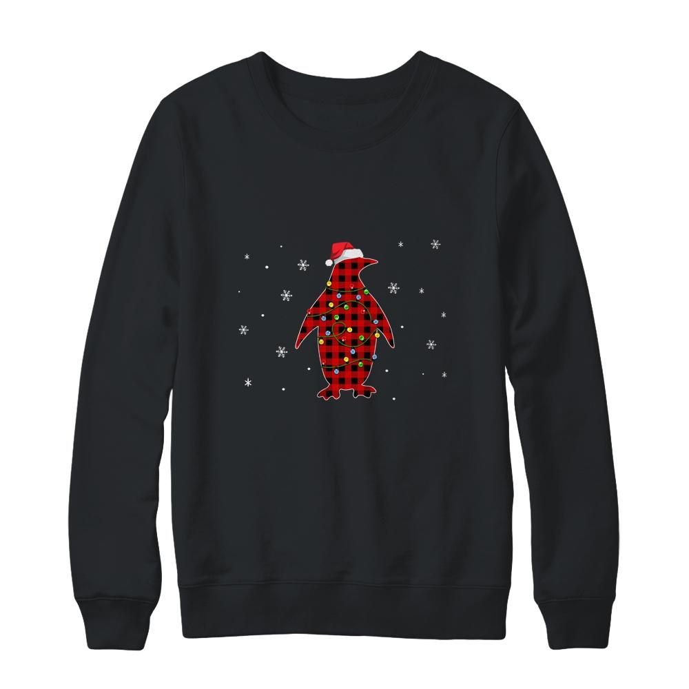 Red Plaid Penguin Christmas Lights Santa Hat Pajamas-T-Shirt & Sweatshirt-Crewneck Sweatshirt-Black