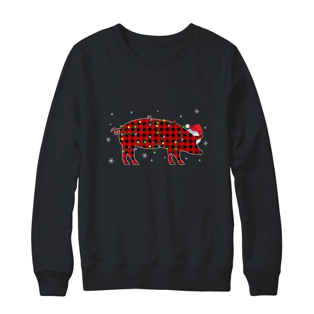 Red Plaid Pig Christmas Lights Santa Hat Pajamas-T-Shirt & Sweatshirt-Crewneck Sweatshirt-Black