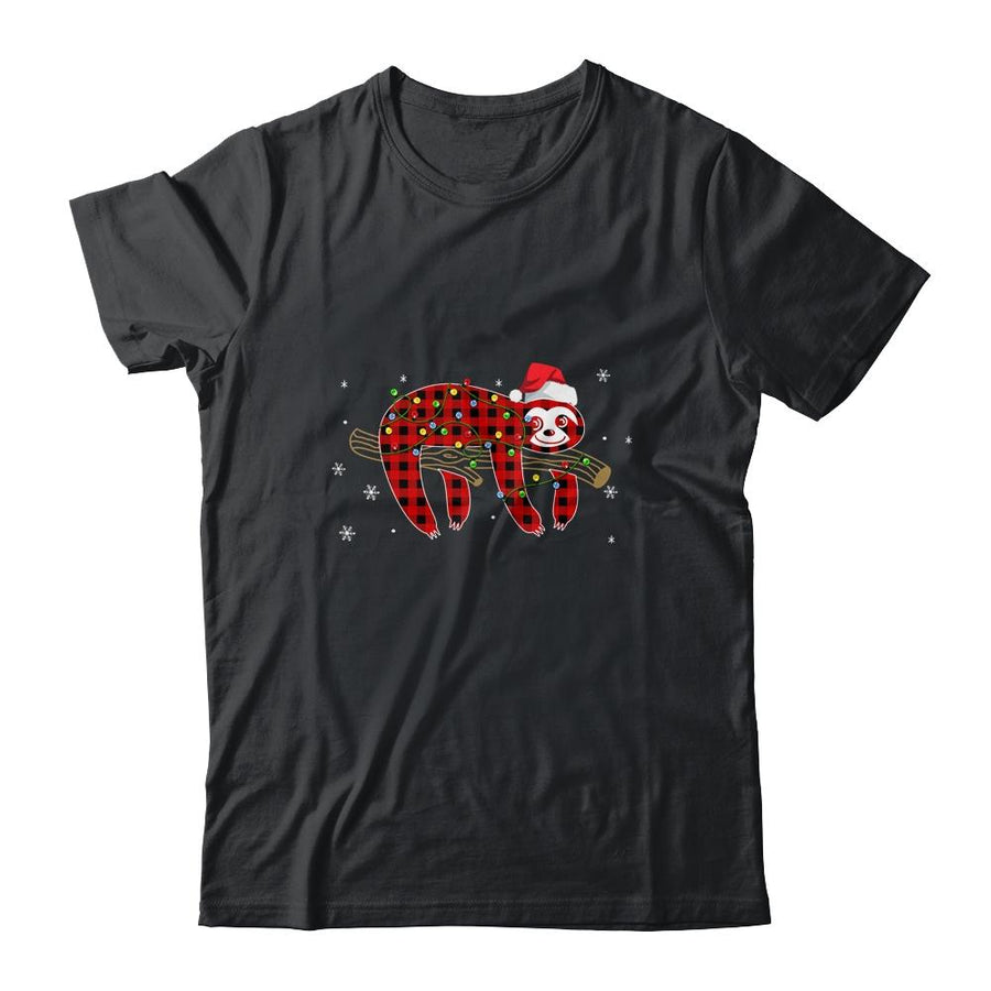 Red Plaid Sloth Christmas Lights Santa Hat Pajamas-T-Shirt & Sweatshirt-Classic T-Shirt-Black