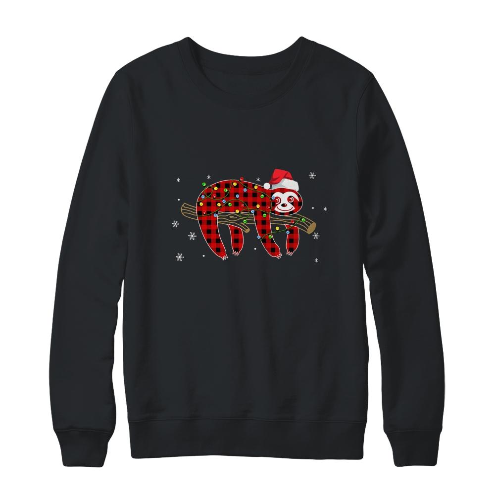 Red Plaid Sloth Christmas Lights Santa Hat Pajamas-T-Shirt & Sweatshirt-Crewneck Sweatshirt-Black