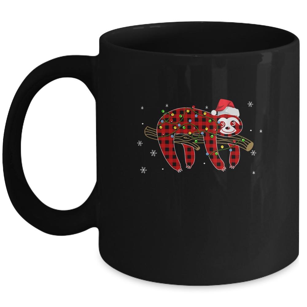 Red Plaid Sloth Christmas Lights Santa Hat Pajamas Mug