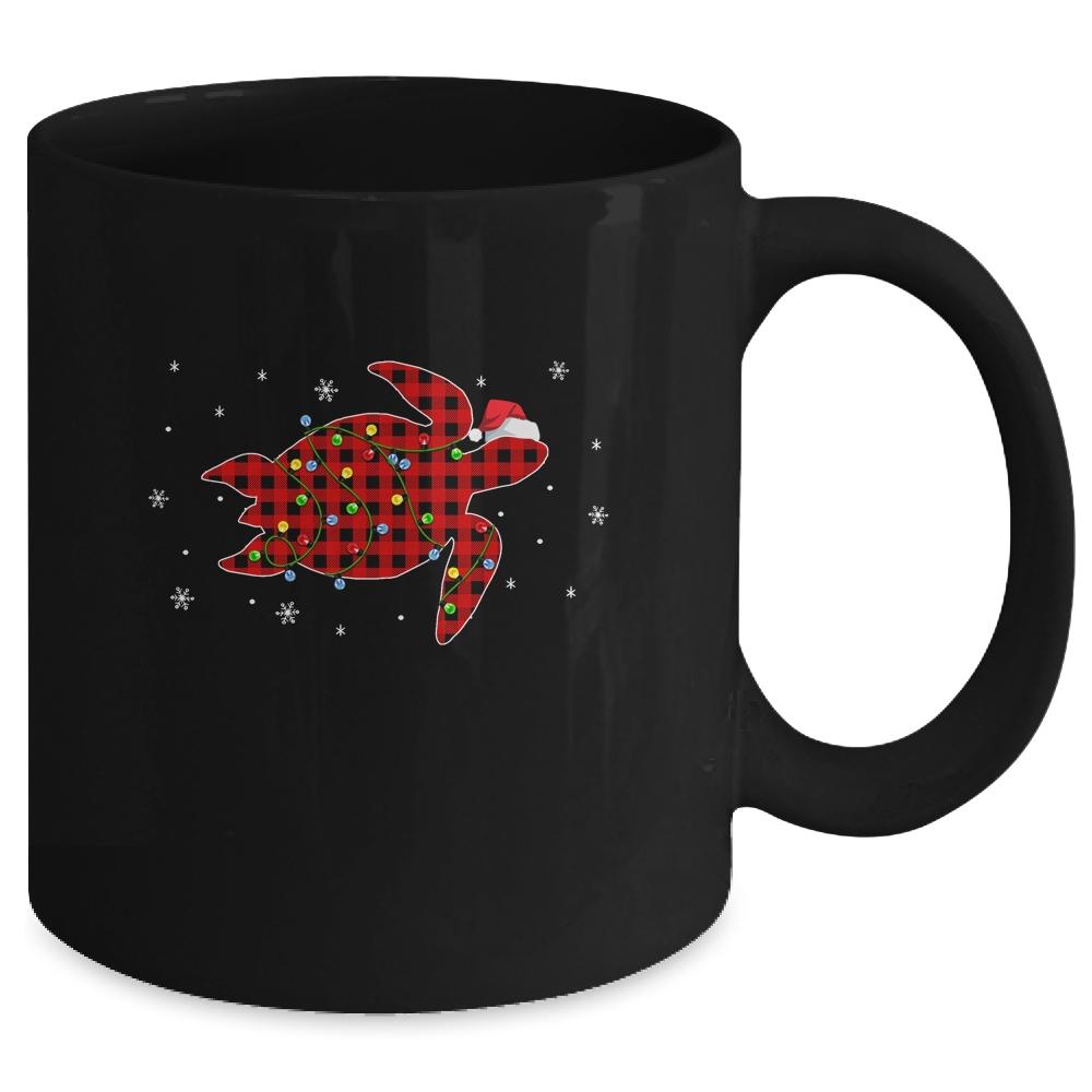 Red Plaid Turtle Christmas Lights Santa Hat Pajamas Mug-Coffee Mug-Mug-Black