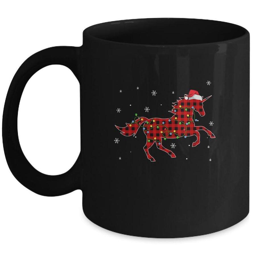 Red Plaid Unicorn Christmas Lights Santa Hat Pajamas Mug-Coffee Mug-Mug-Black