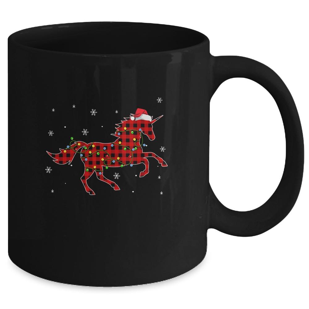 Red Plaid Unicorn Christmas Lights Santa Hat Pajamas Mug-Coffee Mug-Mug-Black