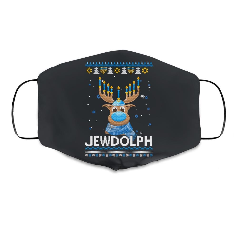 Reindeer Jewdolph Hanukkah Ugly Sweater Cloth Face Mask-Cloth Face Mask-Cloth Face Mask-Black