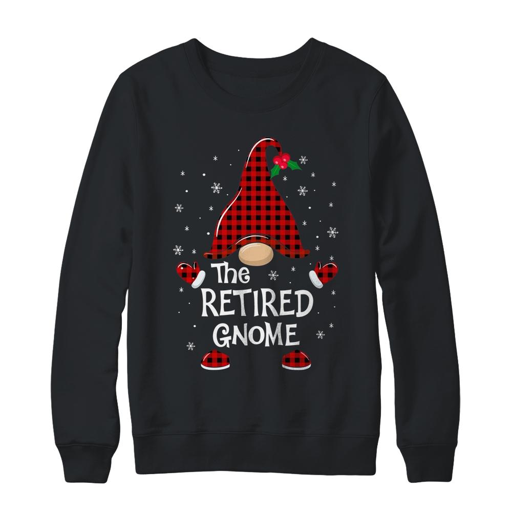 Retired Gnome Buffalo Plaid Matching Christmas Pajama Gift-T-Shirt & Sweatshirt-Crewneck Sweatshirt-Black