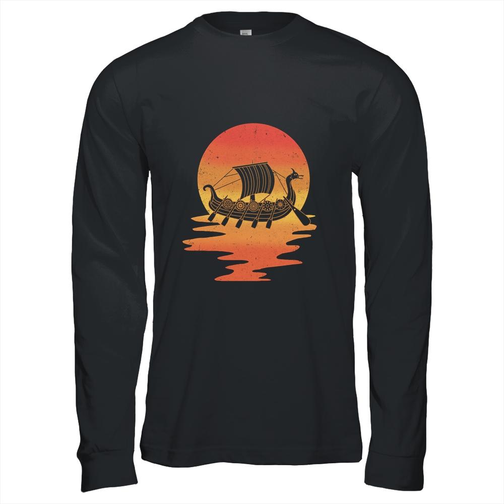 Retro Viking Ship Cool Water Sunset Ancient Norse-T-Shirt & Hoodie-Long Sleeve T-Shirt-Black
