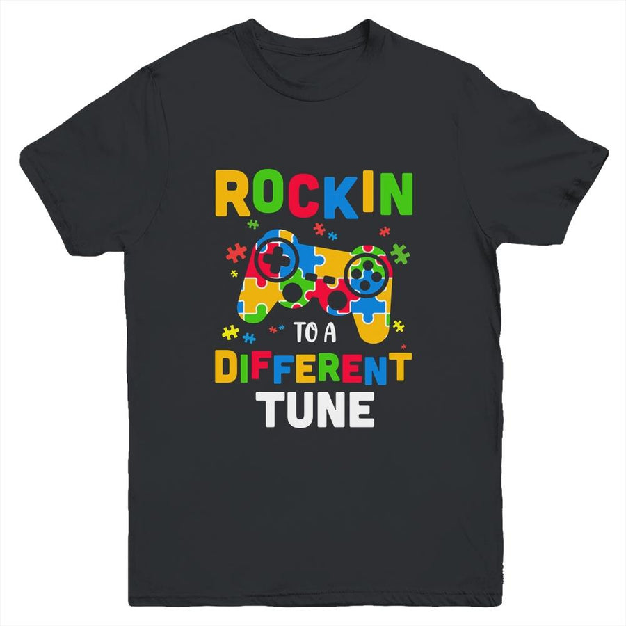 Rocking To A Different Tune Autism Awareness Gamer Kids Youth-Youth Shirt-Youth T-Shirt-Black