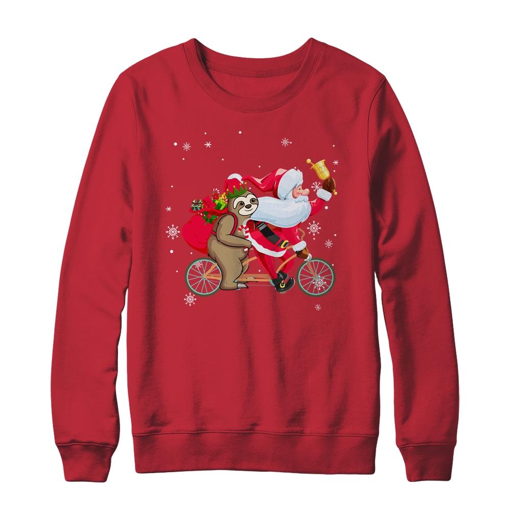 Santa And Sloth Riding Double Bike Christmas Biking Lover-T-Shirt & Sweatshirt-Crewneck Sweatshirt-Red