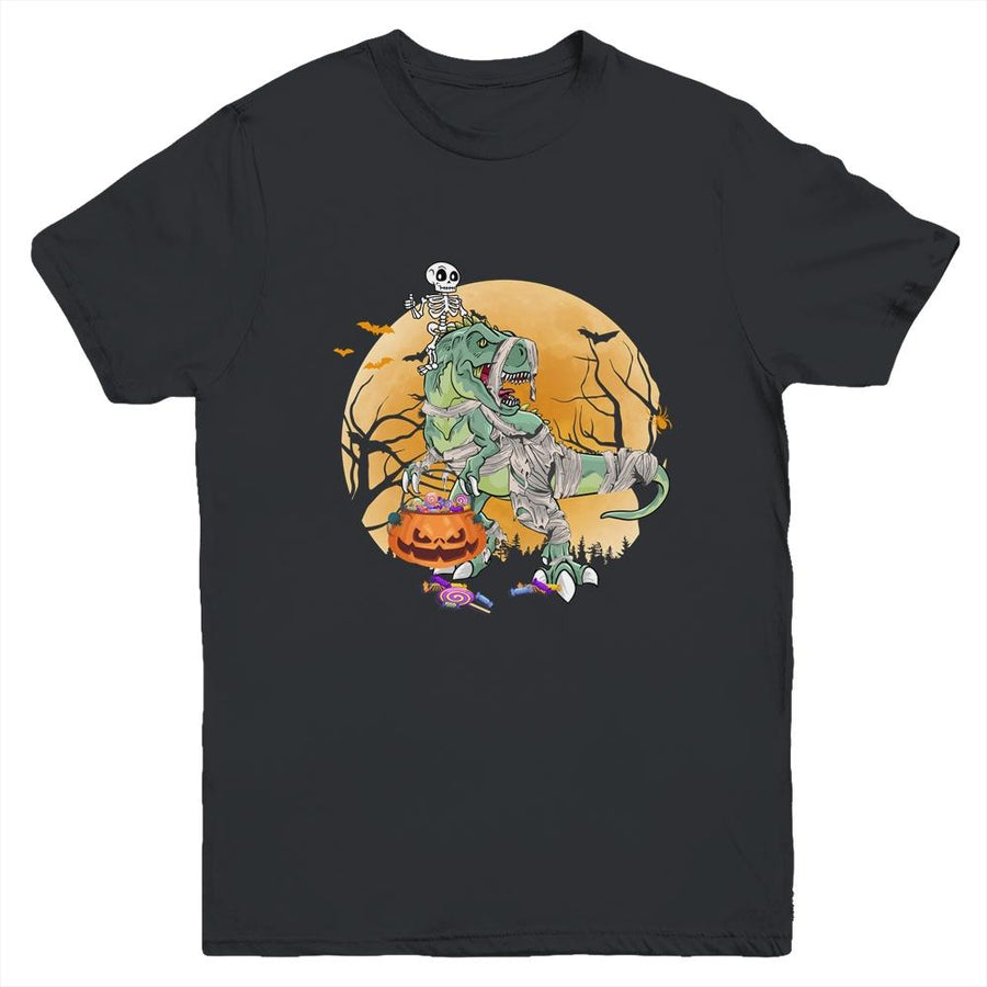 Skeleton Riding Mummy T Rex Halloween Boys Girls Kids Youth-Youth Shirt-Youth T-Shirt-Black