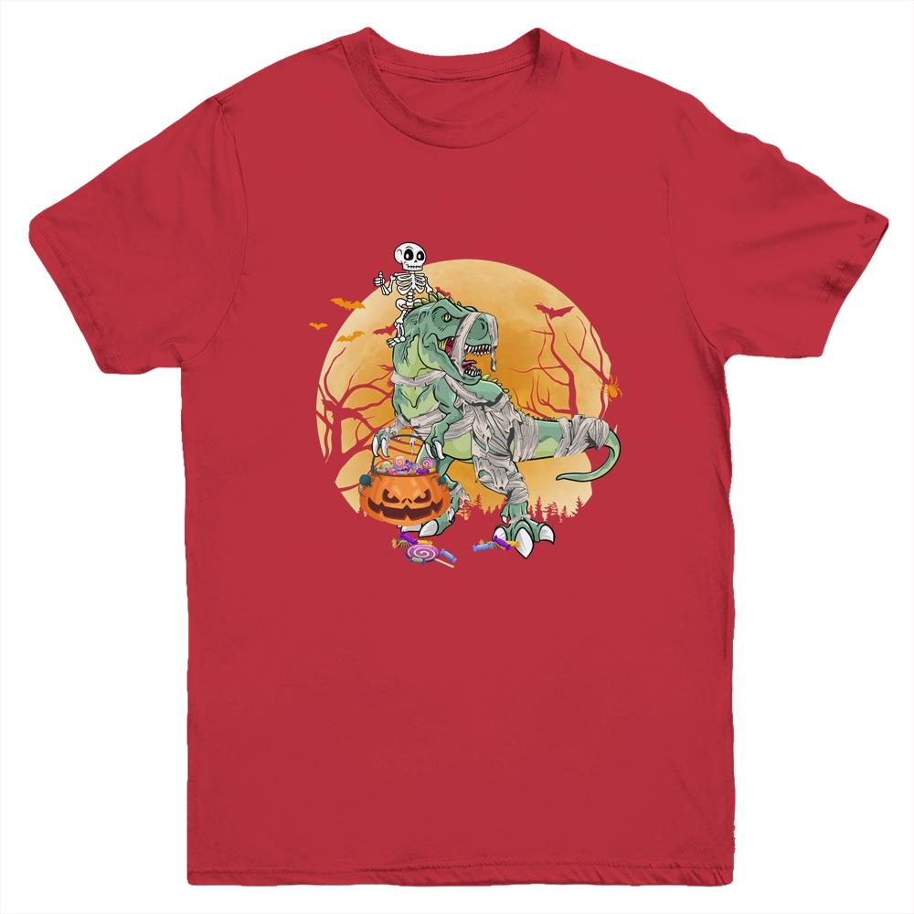 Skeleton Riding Mummy T Rex Halloween Boys Girls Kids Youth-Youth Shirt-Youth T-Shirt-Red