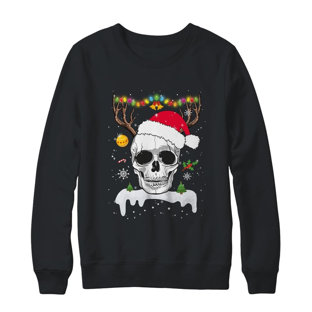 Skull Reindeer Christmas Funny Skulls Santa Hat Reindeer-T-Shirt & Sweatshirt-Crewneck Sweatshirt-Black