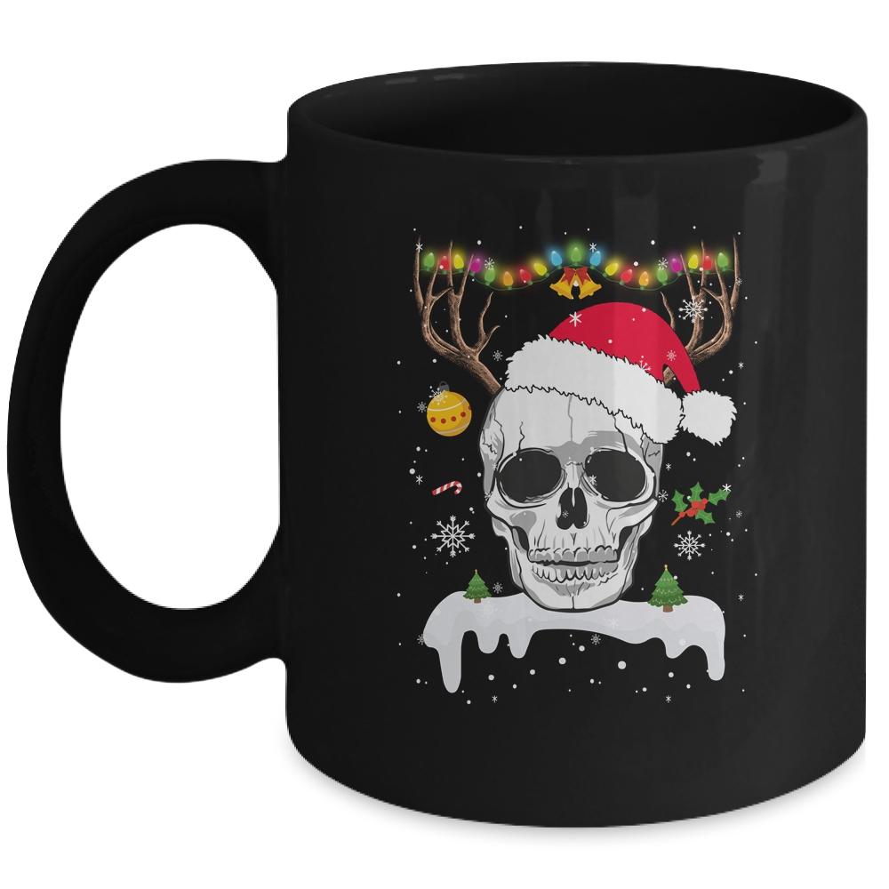 Skull Reindeer Christmas Funny Skulls Santa Hat Reindeer Mug-Coffee Mug-Mug-Black