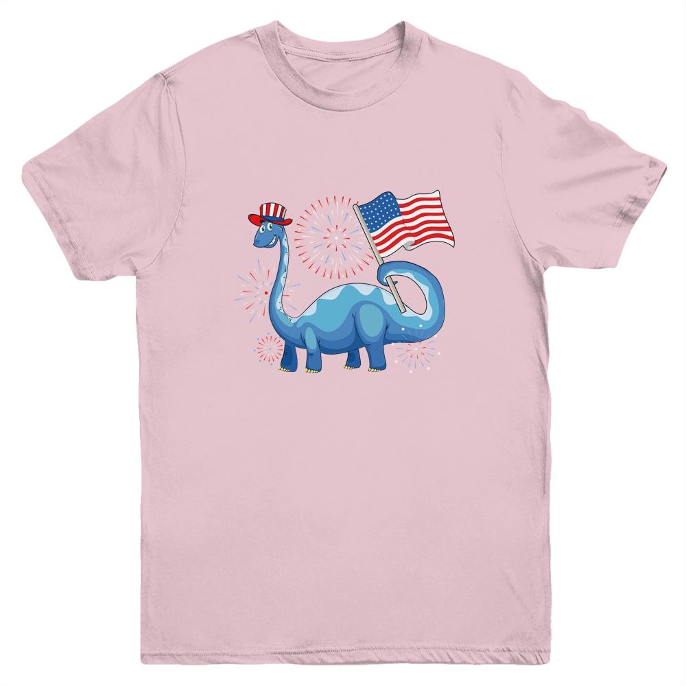 T Rex American Flag 4th Of July Funny Dinosaur Boys Kids Youth-Youth Shirt-Youth T-Shirt-Light Pink