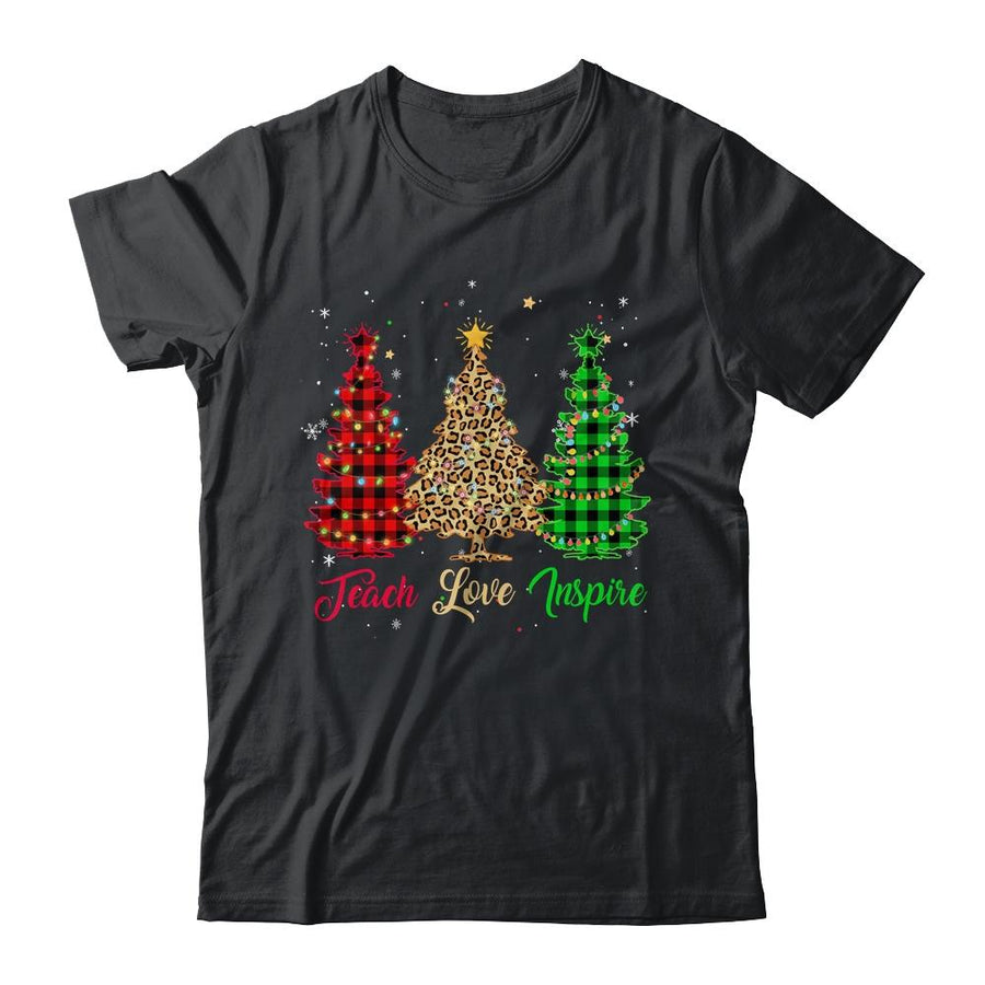 Teach Love Inspire Teacher Christmas Tree Red Plaid Leopard-T-Shirt & Sweatshirt-Classic T-Shirt-Black