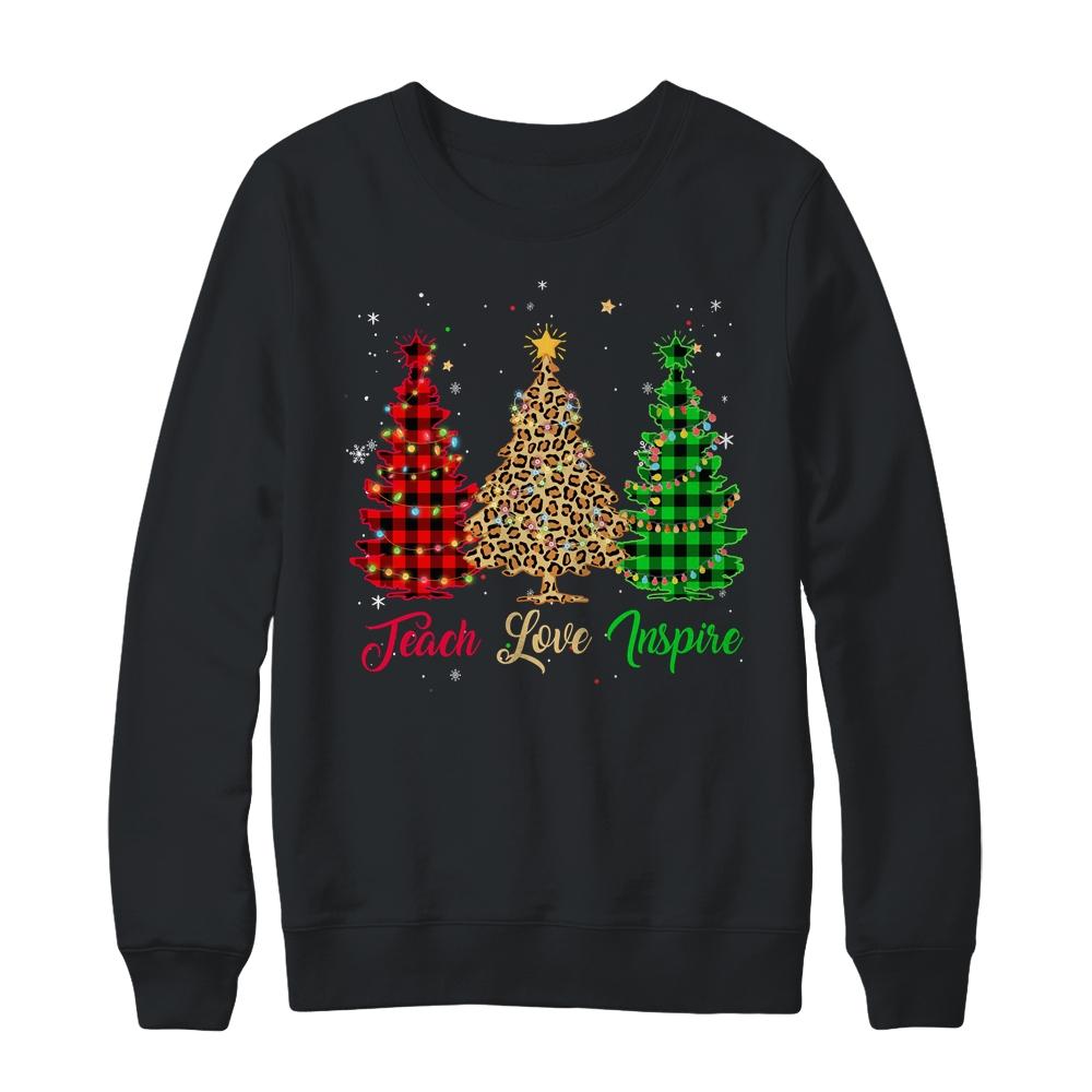 Teach Love Inspire Teacher Christmas Tree Red Plaid Leopard-T-Shirt & Sweatshirt-Crewneck Sweatshirt-Black
