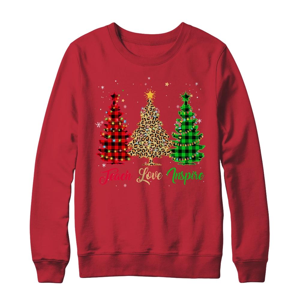 Teach Love Inspire Teacher Christmas Tree Red Plaid Leopard-T-Shirt & Sweatshirt-Crewneck Sweatshirt-Red