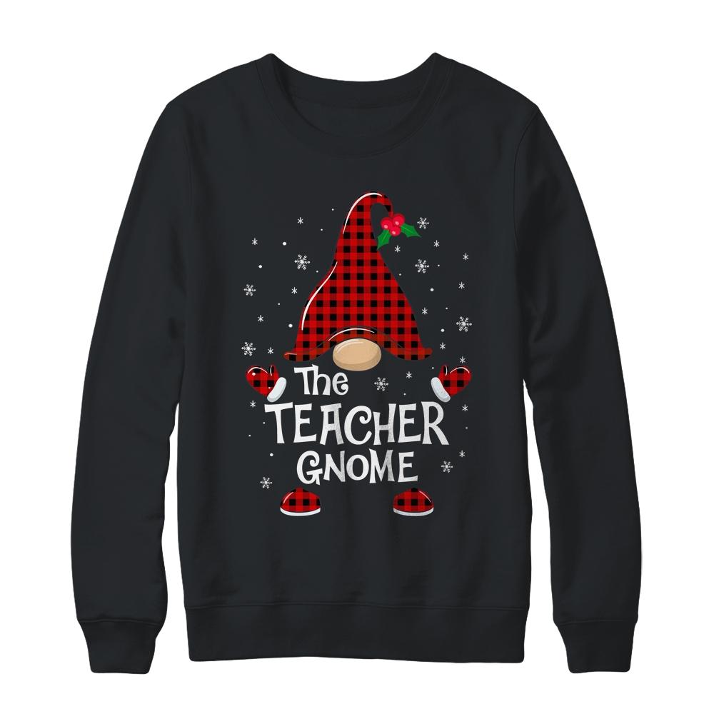 Teacher Gnome Buffalo Plaid Matching Christmas Pajama Gift-T-Shirt & Sweatshirt-Crewneck Sweatshirt-Black