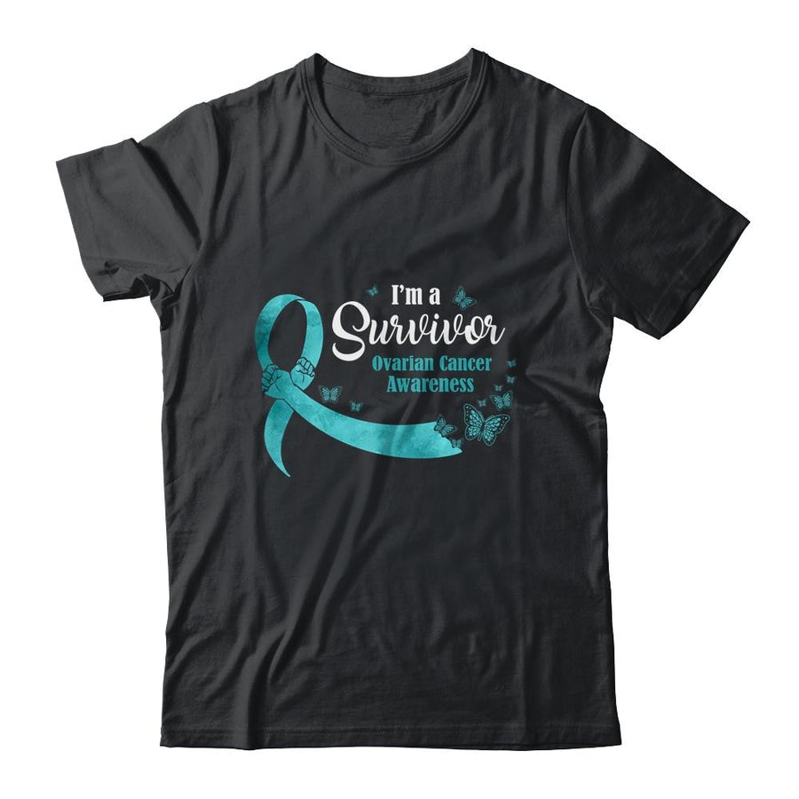 Teal Butterfly I'm A Survivor Ovarian Cancer Awareness-T-Shirt & Hoodie-Classic T-Shirt-Black
